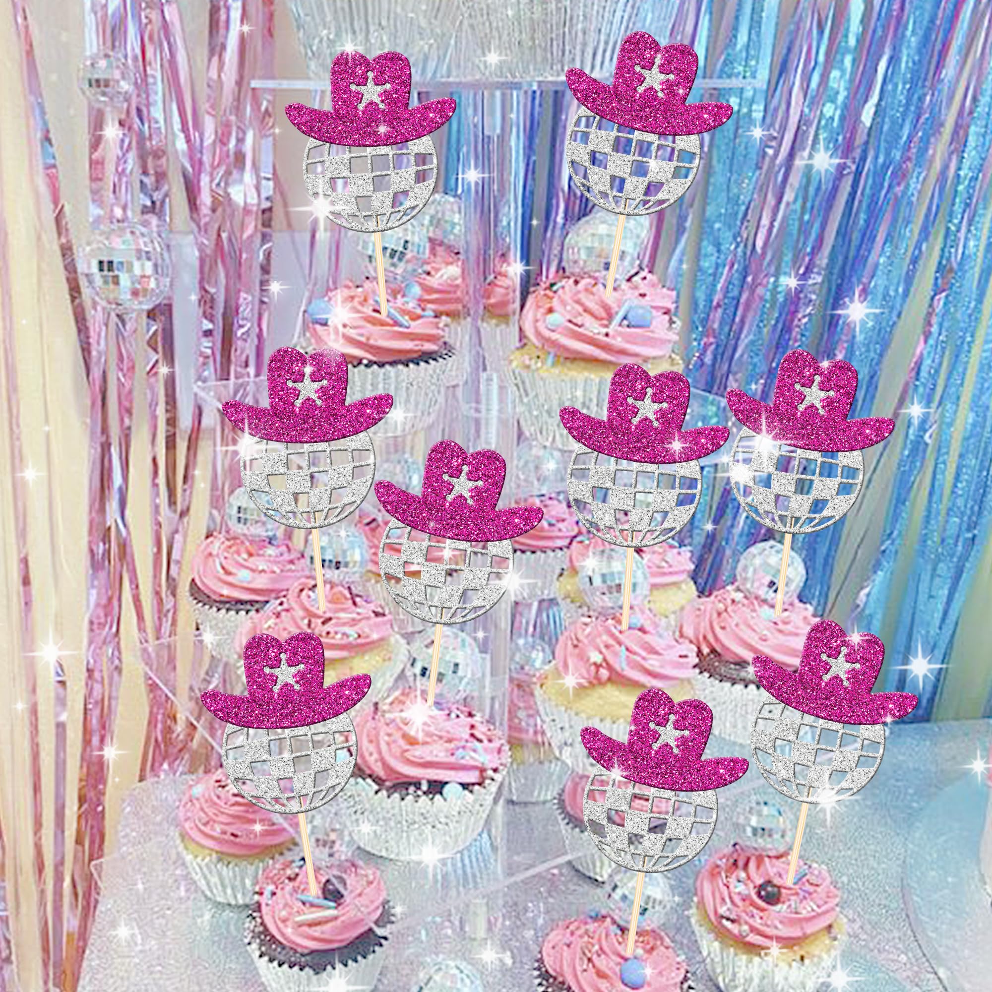Snapklik.com : 24 PCS Disco Ball Cowgirl Hat Cupcake Toppers Glitter ...