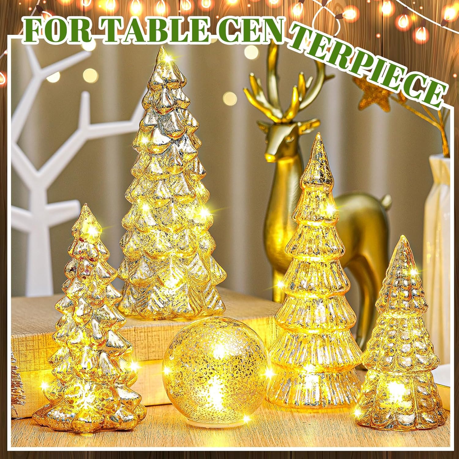 Syhood 6 Pcs Mercury Glass Christmas Tree for Tabletop Light up Figurine Christmas Tree Mercury Cracked Glass Globe with Light for Xmas Decor Home Party Centerpiece Mantel Gift(Gold)