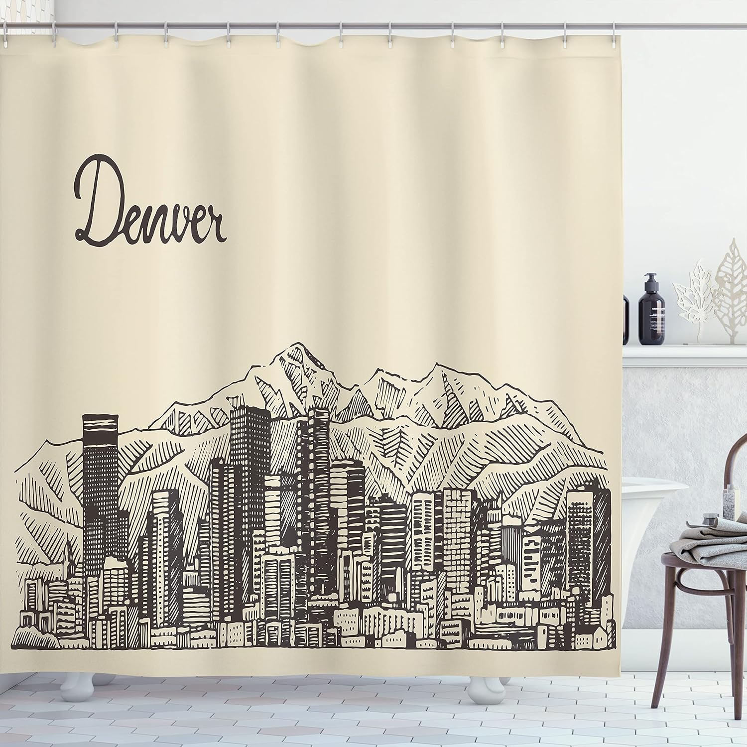 Ambesonne Colorado Shower Curtain, Denver City Skyline Sketch with Buildings and Mountains Vintage Town Pattern, Cloth Fabric Bathroom Decor Set with Hooks, 69" W x 75" L, Beige Dark Brown