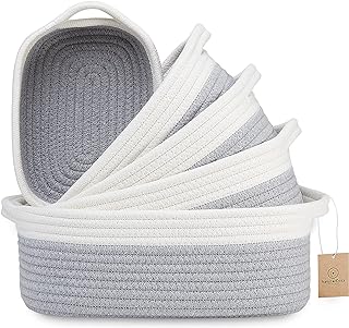 NaturalCozy 5-Piece Rectangle Storage Basket Set- Natural Cotton Rope Wo...