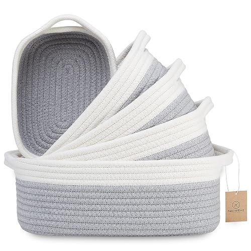 NaturalCozy 5-Piece Rectangle Storage Basket Set- Natural Cotton Rope Woven Baskets for Organizing! Small Basket for Montessori, Baby Nursery, Dog Toy Baskets, Cat Toy Box, Bathroom Organization Bin