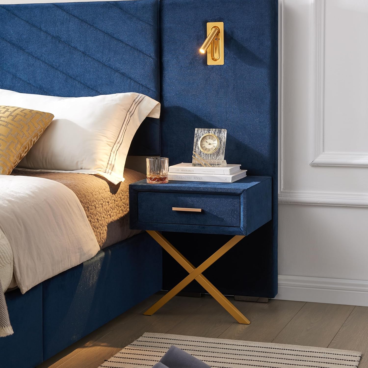 KEIKI King Size Velvet Bed Frame with LED Light Headboard, Wingback Upholstered Platform Bed High Off Ground with 2 Nightstands and Strong Wooden Slats, Blue