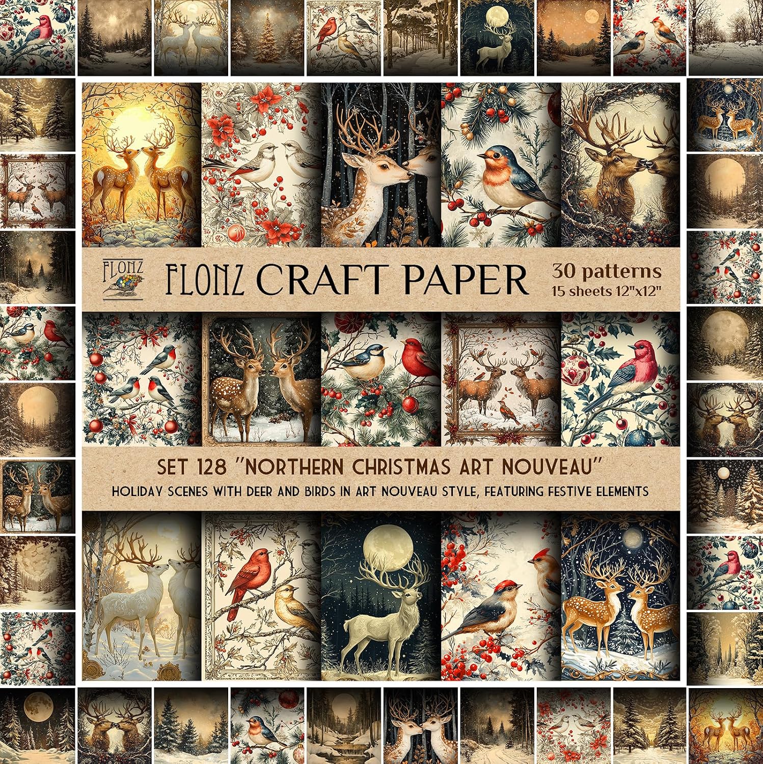 FLONZ Scrapbook Paper (30 patterns 12"x12") Northern Christmas Art Nouveau ~ Holiday scenes with deer and birds in art nouveau style, featuring festive elements and digital illustration technique