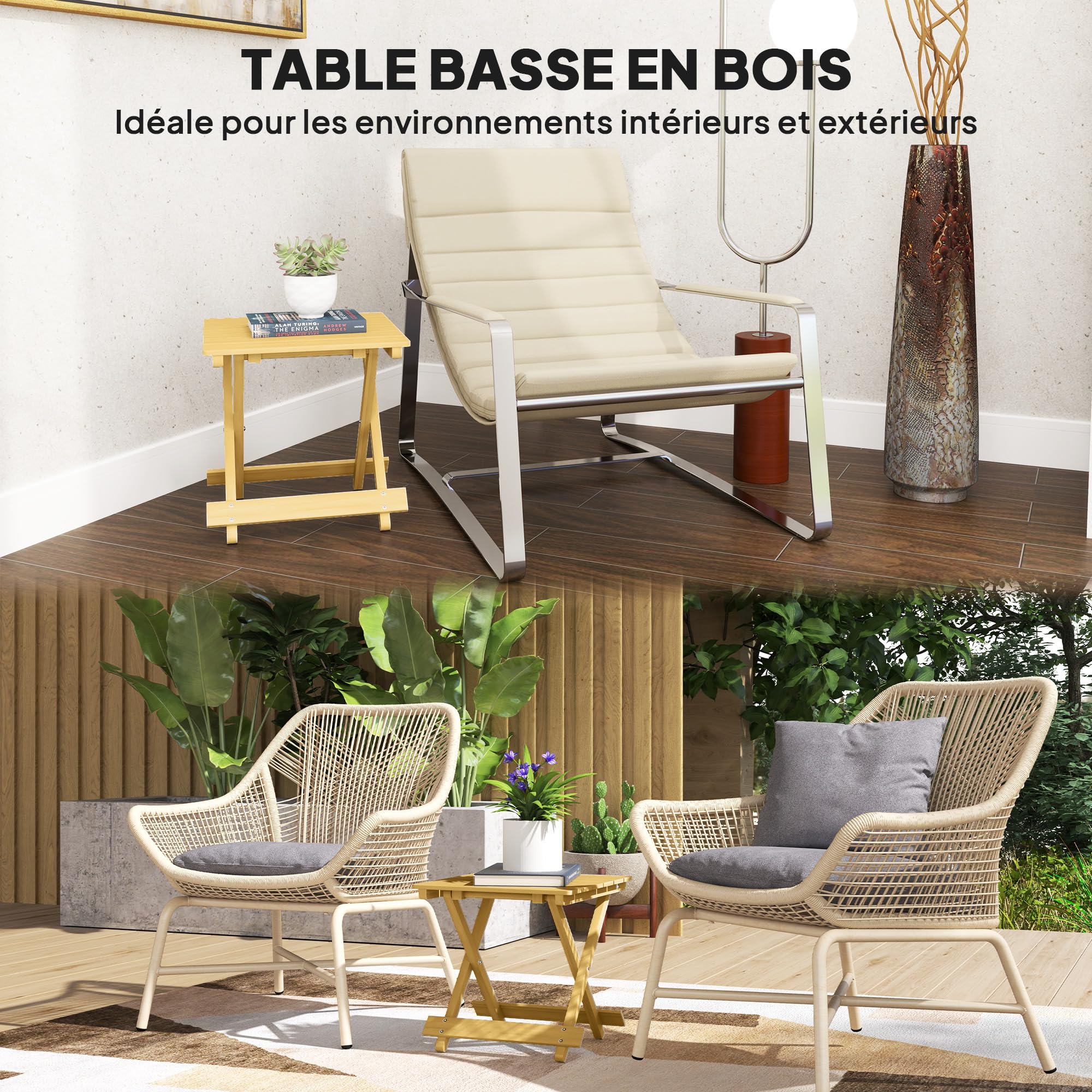 Outsunny Table Basse Pliante en Bois Massif, Table d'appoint Pliante, 40 x 43 x 40 cm, Bois Naturel