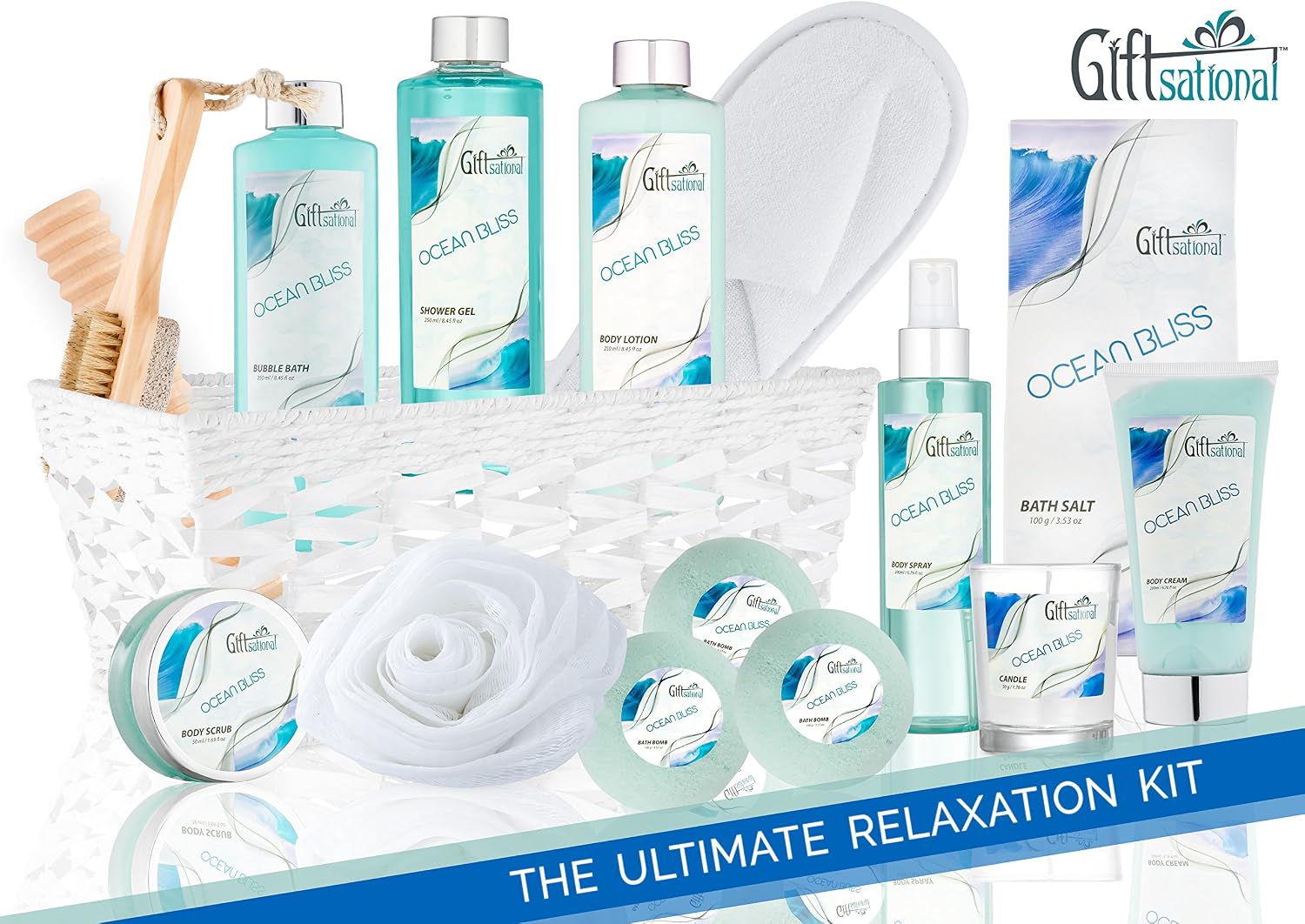 Ocean Bliss Extra Large Spa Bath Gift Basket,Great Christmas Gift, Includes 3 Bath Bombs, Shower Gel, Bubble Bath, Lotion, Scrub, Pumice Brush, Glass Candle, Slippers, Massage Stick & 5 More Items
