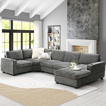 119 * 67" U Shaped Sectional Sofa,6 Seat Chenille Corner Couch Set with Oversized Chaise Lounge,Irregular Corner,Deep and Wide Seat Comfy Sofa with Cup Holders for Living Room,Apartment,2 Colors