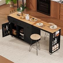 85.5" Kitchen Island with Extendable Dining Table | Rolling Kitchen Storage Table with Power Outlet, 2 Doors, 3 Drawers & 3 Side Open Shelves for Dining Room Black