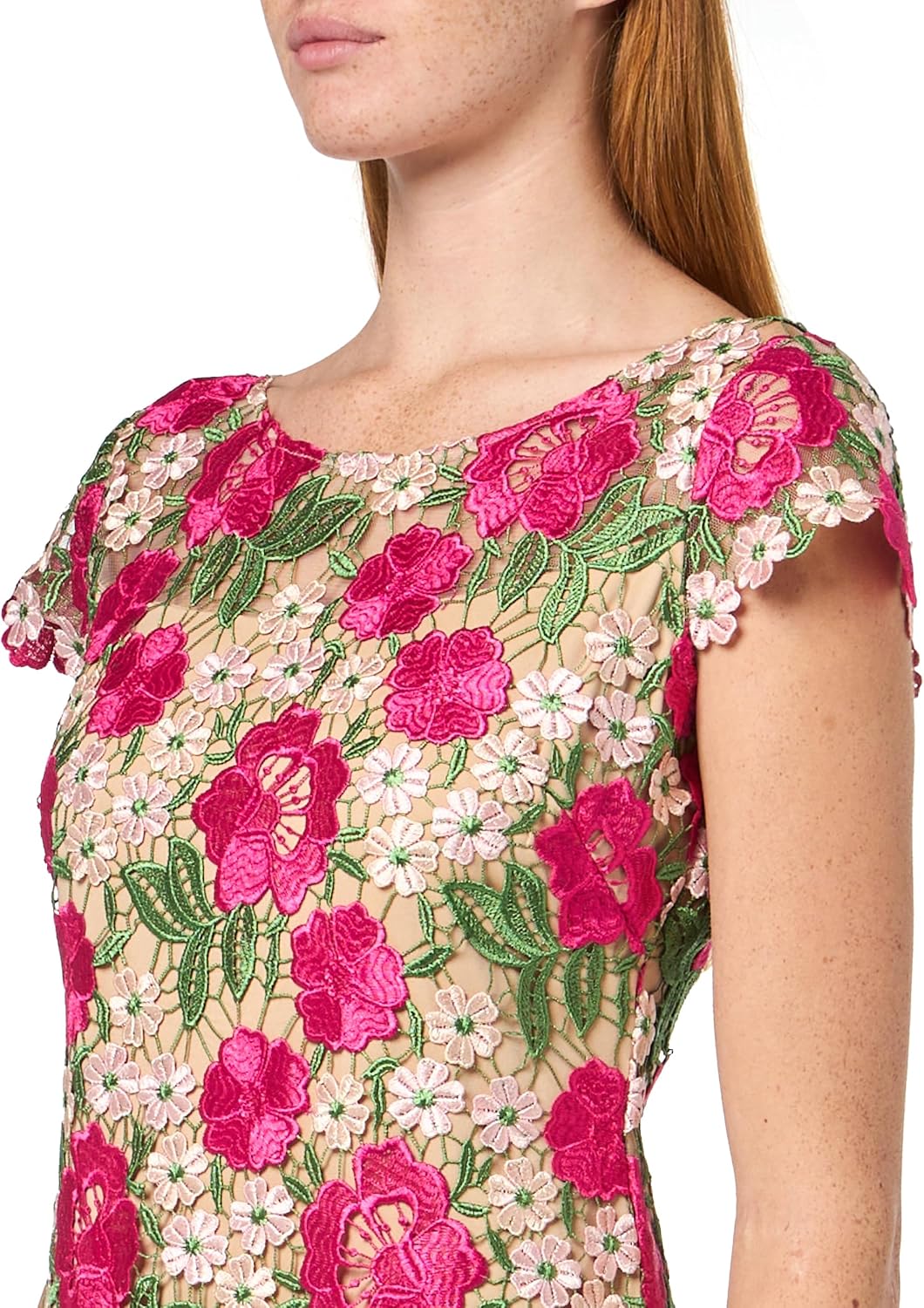 Xscape Women's Short Sleeve Floral Lace Embroidered Sheath Midi Dress