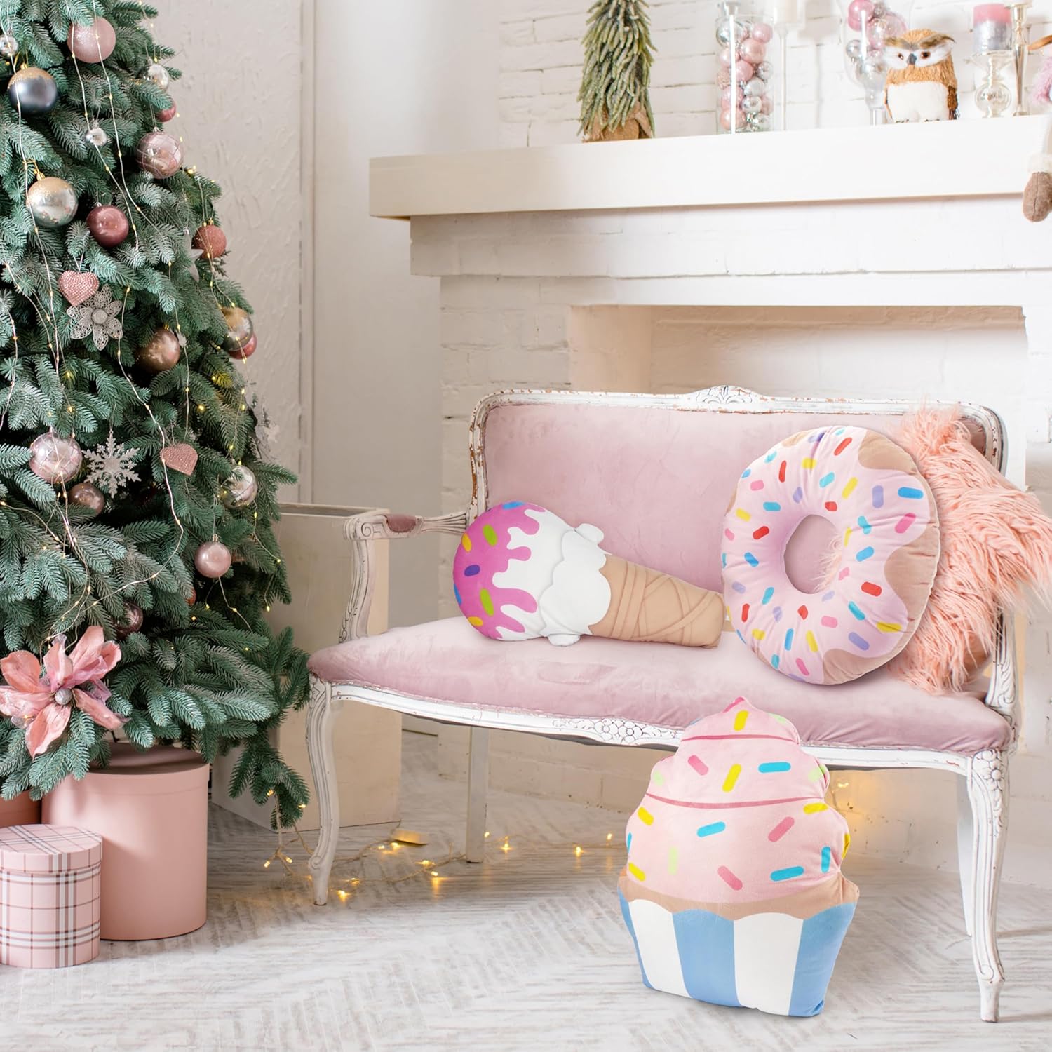 Christmas Throw Pillows - 3PCS Ice Cream Donut Throw Pillows Soft Food Shaped Cupcake Plush Pillows, Stuffed Xmas Dessert Cushions Festive Home Decor for Bed Sofa Holiday Party
