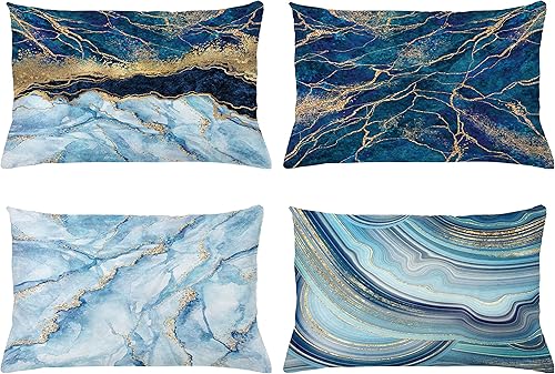 Ambesonne Paquete de 4 fundas de almohada con estampado de mármol, diseño moderno de piedra pastel StaLook con venas marmoleadas y tonos acuáticos,