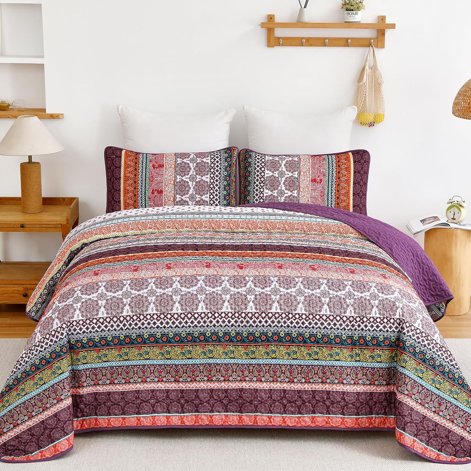 WONGS BEDDING Boho Quilt Set King Size, Purple 3 Pieces Bohemian Striped Patchwork Bedspread Coverlet, Lightweight Soft Microfiber Bedding Set for All Season (104"x90")