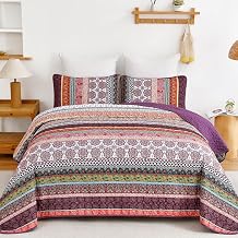 WONGS BEDDING Boho Quilt Set Queen Size, Purple 3 Pieces Bohemian Striped Patchwork Bedspread Coverlet, Lightweight Soft Microfiber Bedding Set for All Season 96"x90"