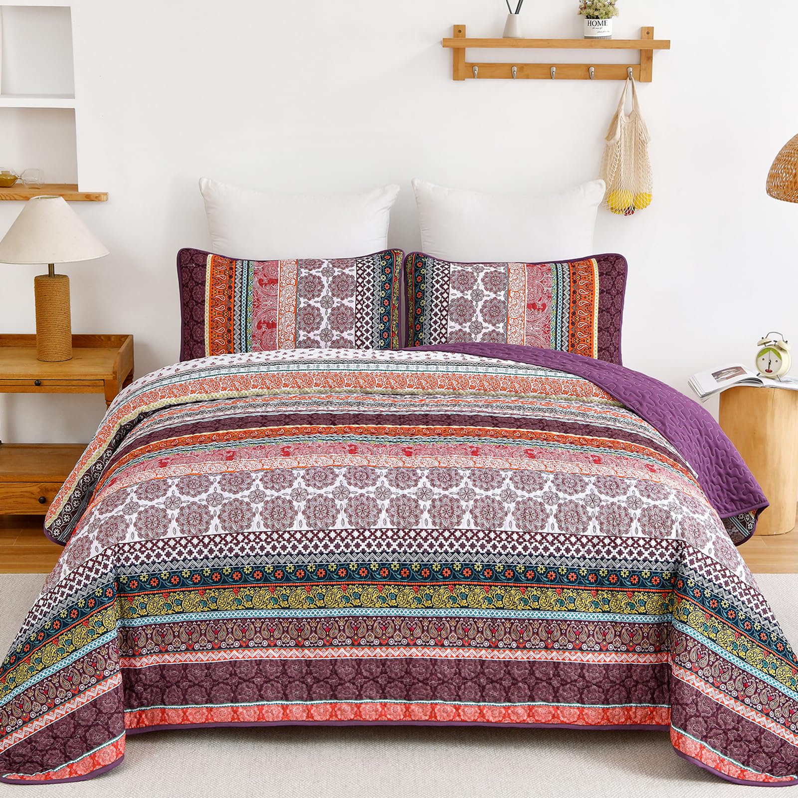 Juego de edredón bohemio queen morado patchwork de microfibra ligera WONGS BEDDING para cama