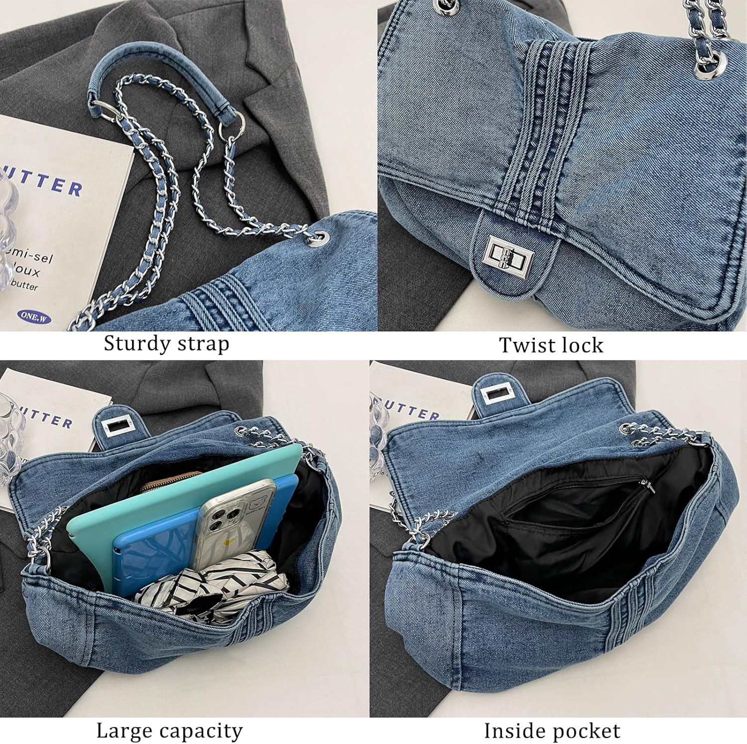 LEESION Denim Purse for Women Jean Purses Denim Bag Shoulder Handbag Crossbody Bag Retro Trendy Tote Purse for Daily & Travel - Image 5