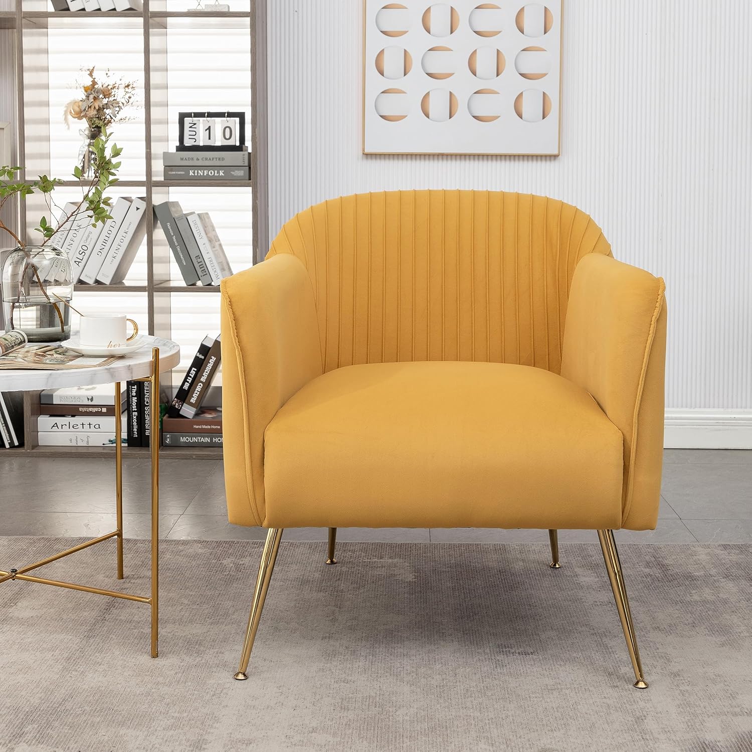Contemporary Velvet Accent Chairs for Living Room, Bedroom and Entryway, Modern Armchair with Sleek Metal Legs, Elegant Seating Solution for Small Spaces, Mustard Yellow