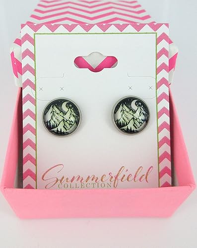 Miniatura 2 de Stainless Steel Night Sky Moon Stars Snowy Mountain Print Glass Stud Earrings 12mm Black White Yellow