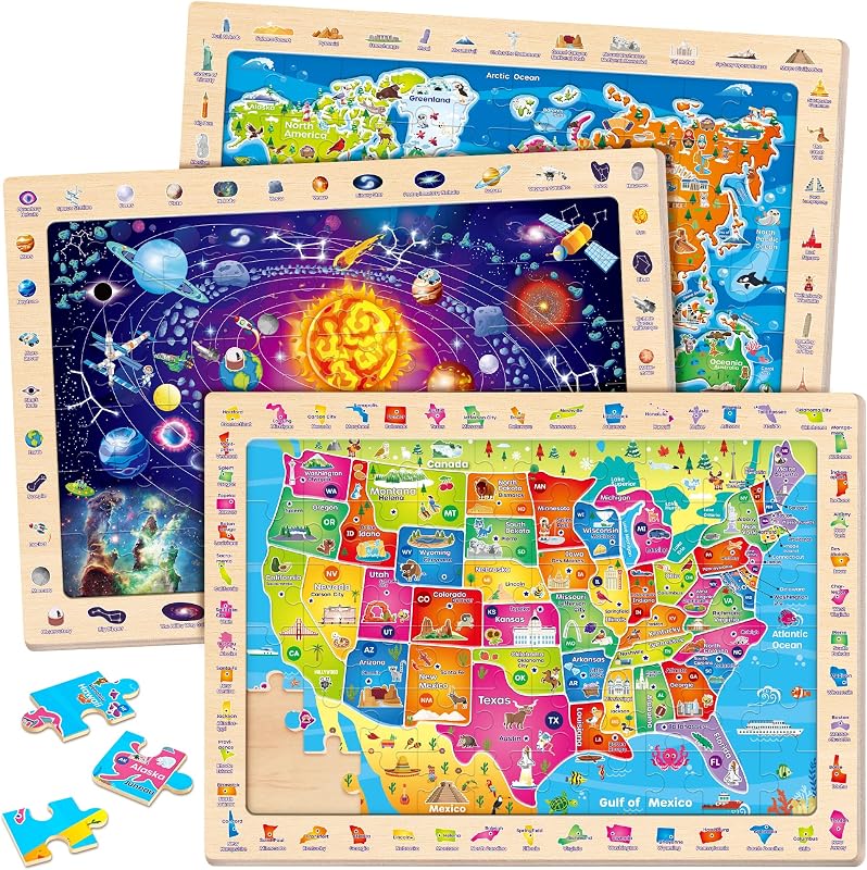 SYNARRY Large USA World Solar System Wooden Puzzles for Kids Ages 4-6