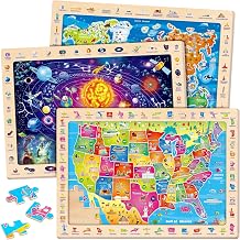 SYNARRY Large USA World Solar System Wooden Puzzles for Kids Ages 4-6