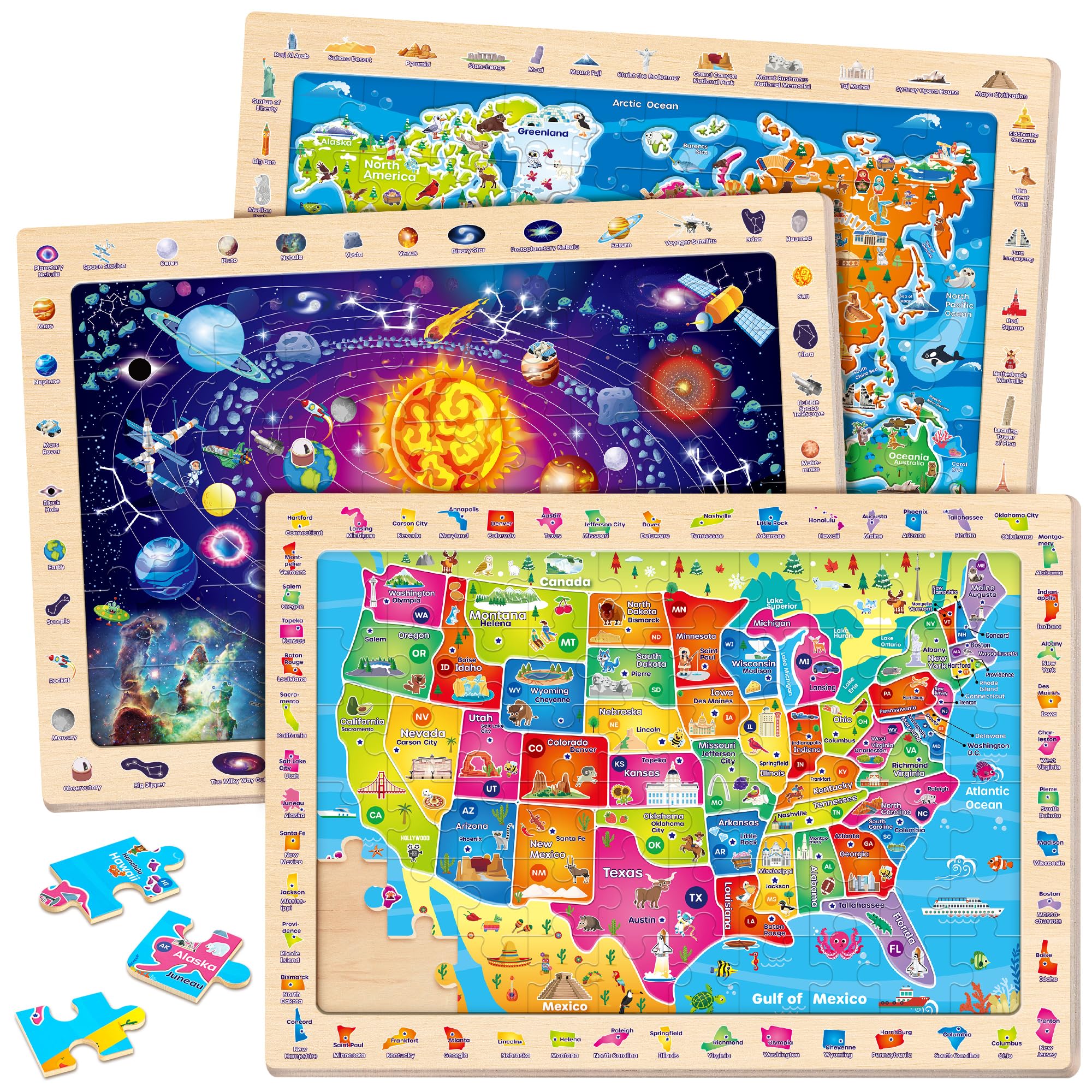 SYNARRY Large USA World Solar System Wooden Puzzles for Kids Ages 4-6 | 60 Piece Match &…