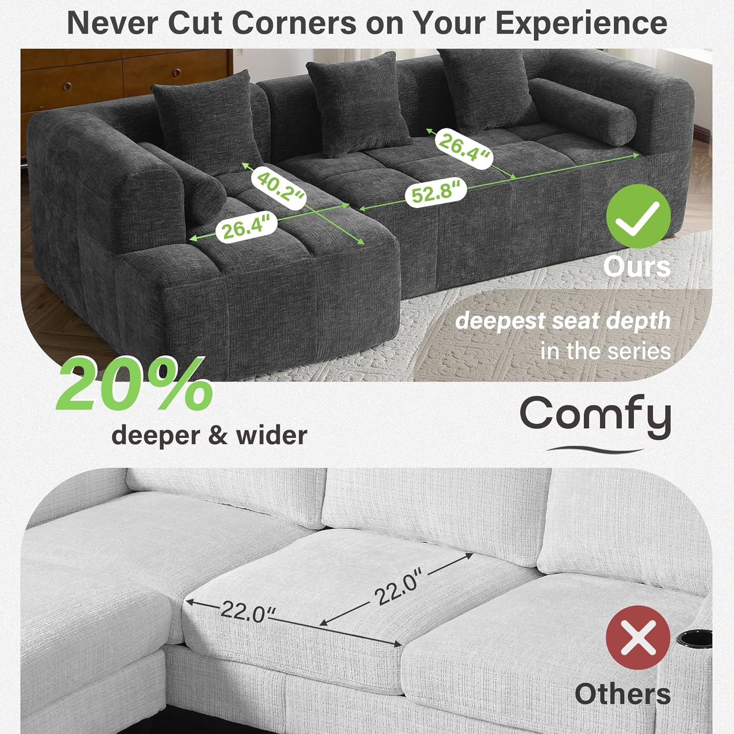 Modular Sectional Sofa with Chaise for Living Room, Modern Elegant Comfy Puff Grid Pattern 101’’ L-Shaped Chenille Couch with 2 Side Pocket, Freely Combine, No Assembly Needed, Charcoal Grey