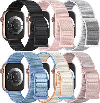 Easuny 6 Pack Sport Nylon Loop Compatible with Apple Watch Bands 40mm 42mm 38mm 41mm 44mm 46mm for Women Men, Adjustable Soft Breathable Wrist Straps for iWatch SE 3/2/1 Series 11 10 9 8 7 6 5 4 Ultra