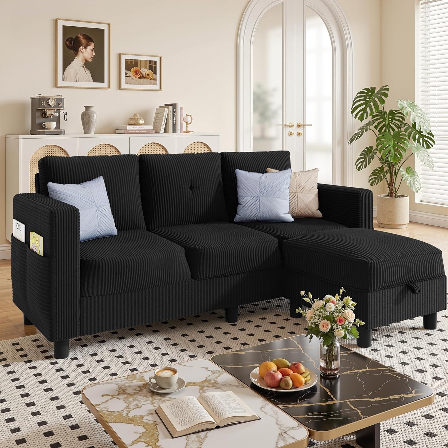 JAMFLY Convertible L-Shaped Sectional Sofa with Reversible Storage Ottoman, 3-Seat Couch with Side Pockets, Modern Compact Furniture for Small Apartments, Studios & Lofts, Black