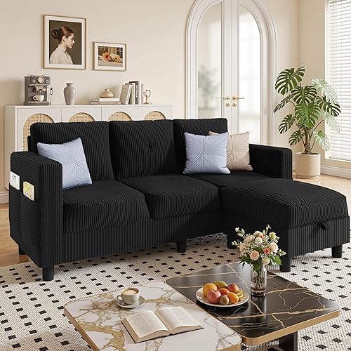 JAMFLY Convertible L-Shaped Sectional Sofa with Reversible Storage Ottoman, 3-Seat Couch with Side Pockets, Modern Compact Furniture for Small Apartments, Studios & Lofts, Black