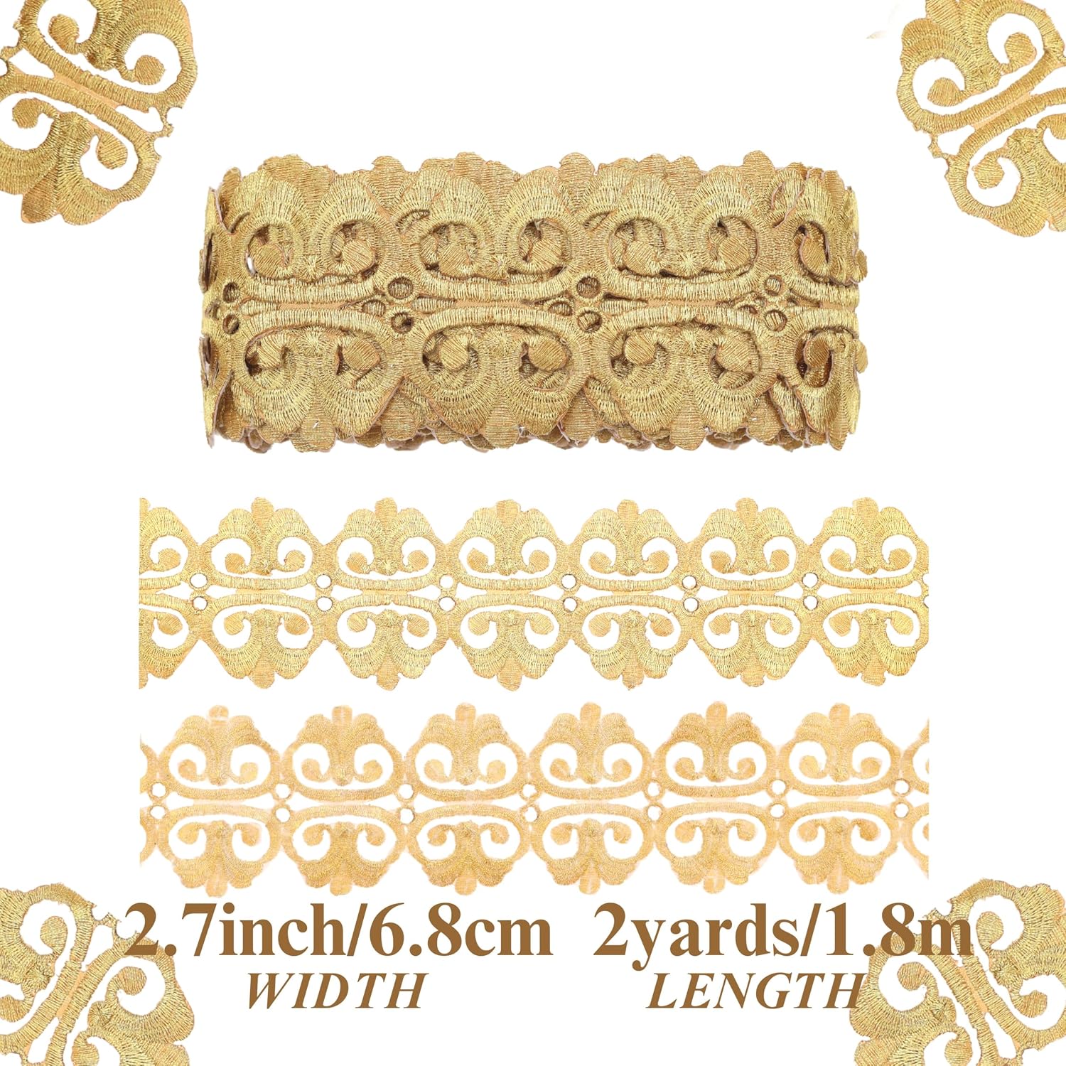 IDONGCAI 2.7 Inch Gold Iron On Metallic Lace Trim, 2 Yards Vintage Floral Embroidery Applique Border, Elegant Gold Ribbon for Wedding Dresses, Costumes, Home Decor & DIY Crafts (No-Sewing Required)