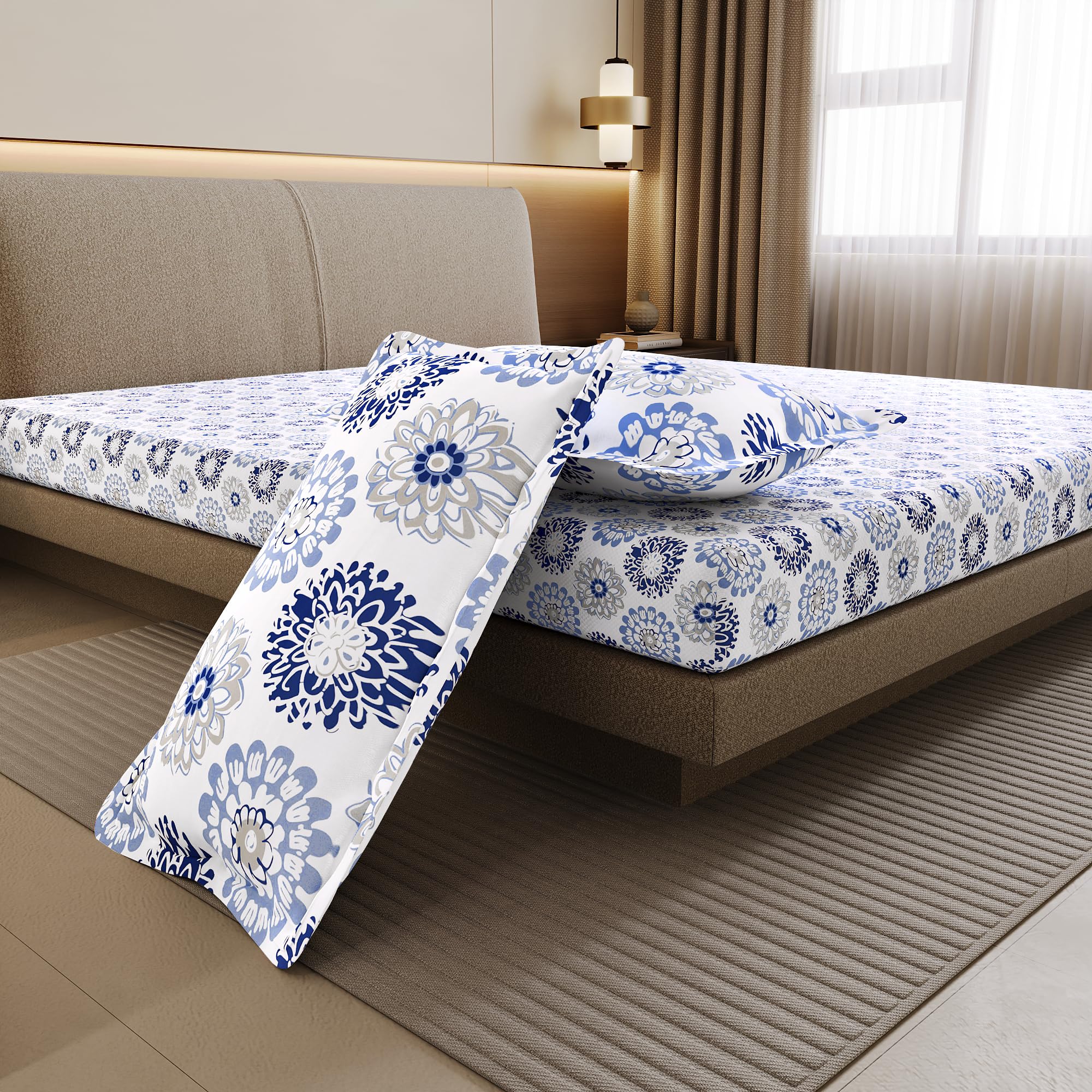 Divine Casa Premium 144 TC Cotton Double Bedsheet with 2 Pillow Covers | Soft Breathable Bed Sheet for Double Bed | Printed Bedding Set for Bedroom | 222 x 254 cm (Blue Beige, Floral)