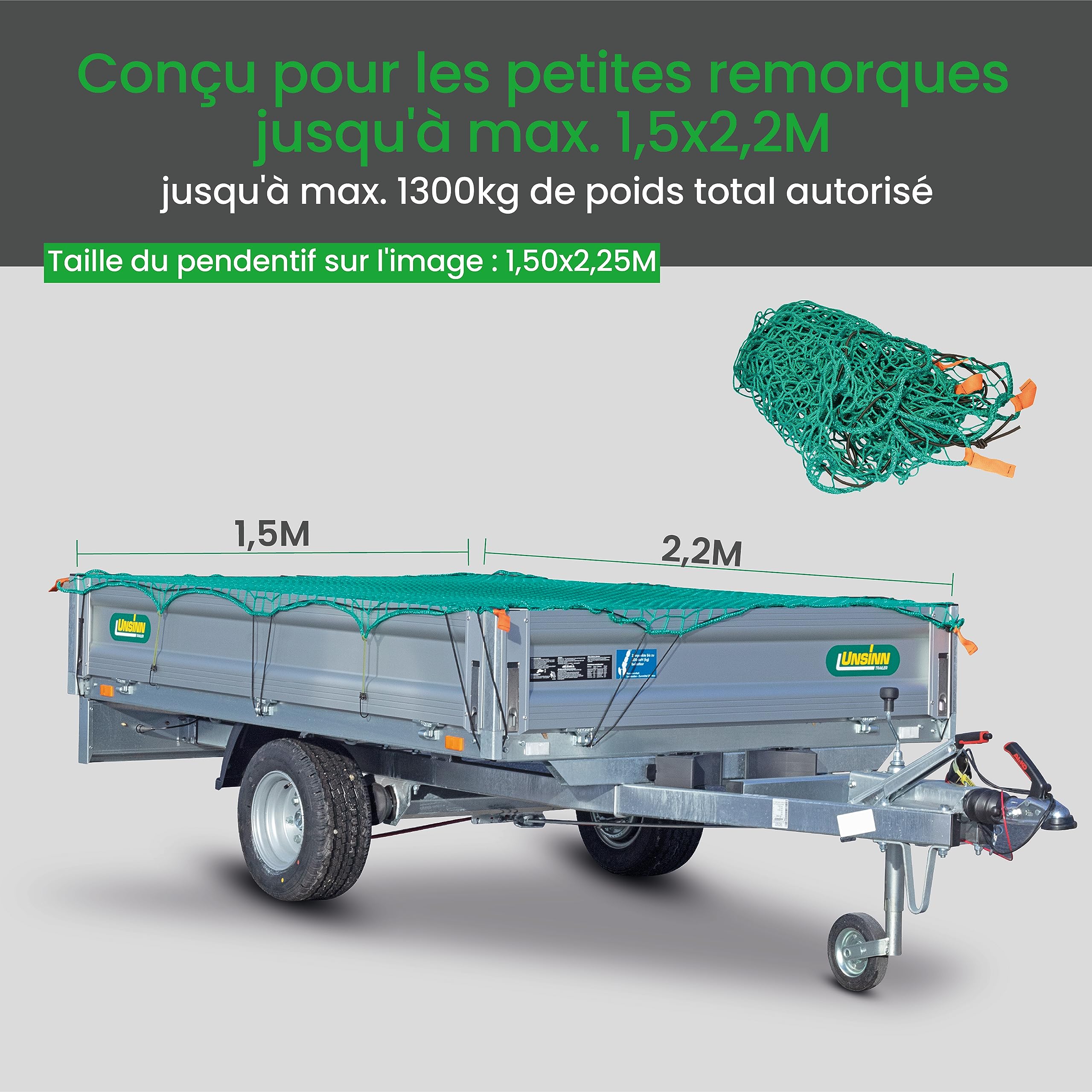 CargoVA® Filets de Remorque 220x150 cm - Filet de remorque avec Corde en Caoutchouc et marquage des Coins - Bache Remorque pour Une Sécurisation Parfaite du Chargement