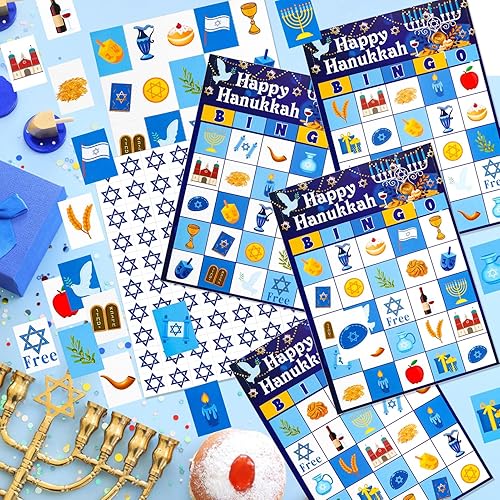 Miniatura 5 de HOWAF Tarjetas de juego de bingo de Happy Hanukkah, juegos de bingo de fiesta de Hanukkah para niños, decoraciones de fiesta de Janucá, menorá de