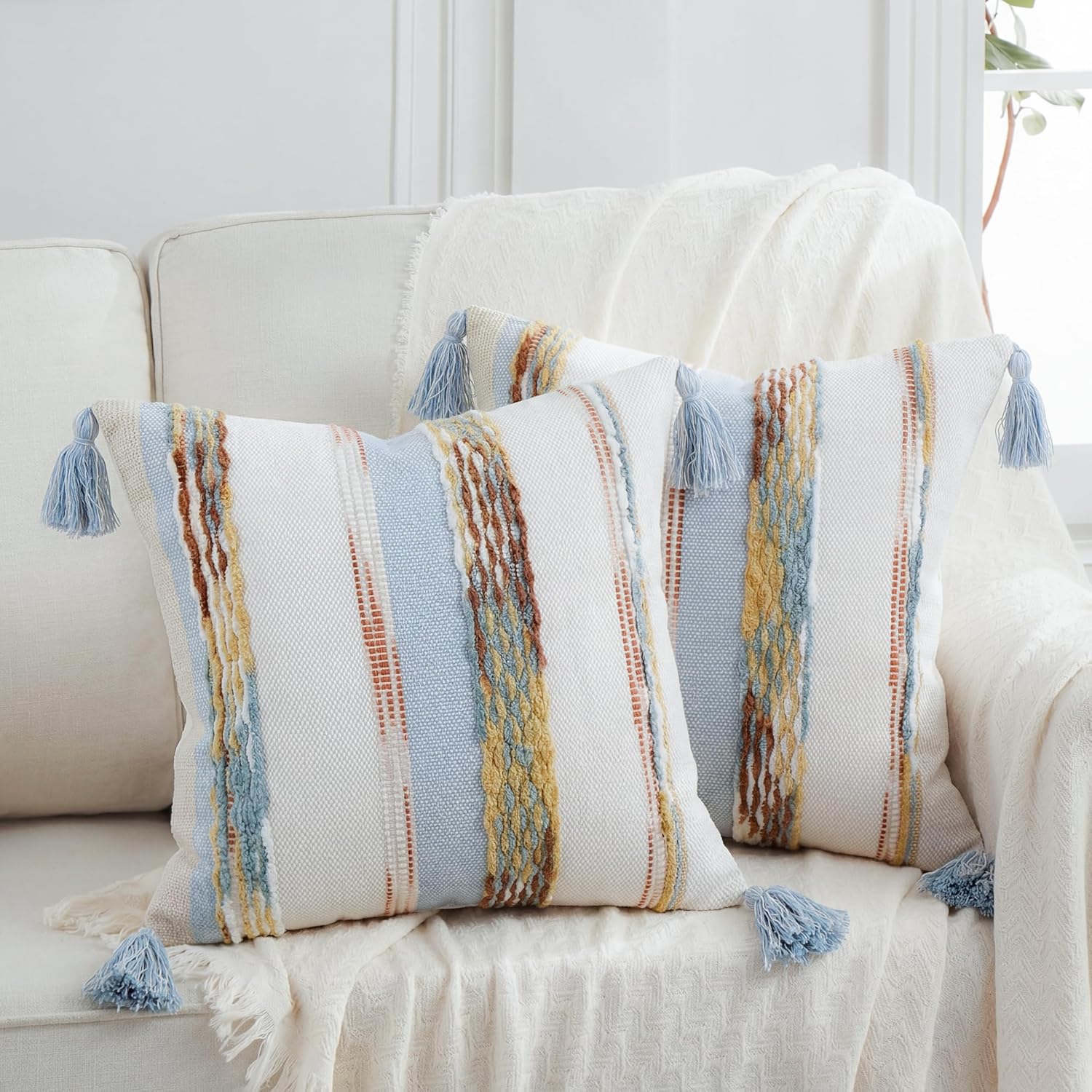 PANOD Chenille Farmhouse Throw Pillow Covers 16 x 16 Light Blue, Neutral Boucle Couch Pillow Cover, Striped Decorative Boho Coushion Cover Pillow Case for Couch Bed Sofa Bedroom,Modern Accent,Set of 2
