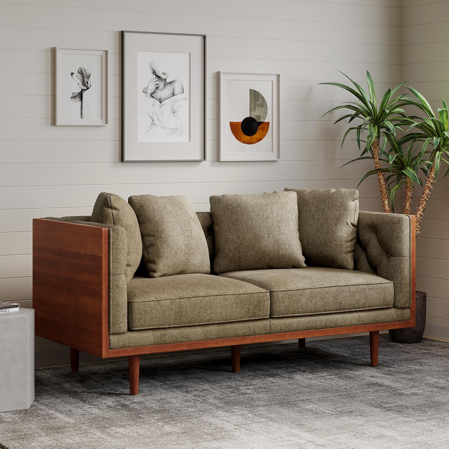 Merax Mid-Century Modern Loveseat Sofa, Couch with Button-Tufted Upholstery, Wood Frame Stylish Retro Design for Living Room Apartment Office, Dark Beige