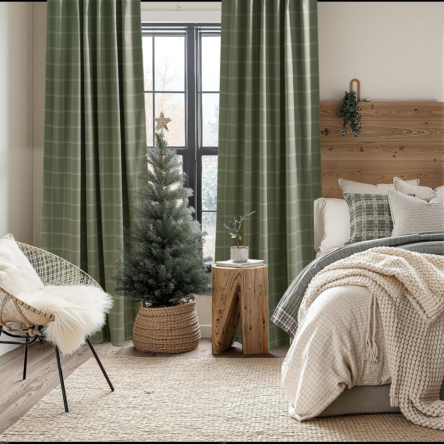 KGORGE 100% Blackout Plaid Curtains 2 Panels, Moss Green Windowpane Check Thermal Insulated Vintage Patterned Grid Drapes for Bedroom Living Room Kids Room, Rod Pocket Back Tab, W52 x L84 52"W x 84"L (Pack of 2) Moss Green