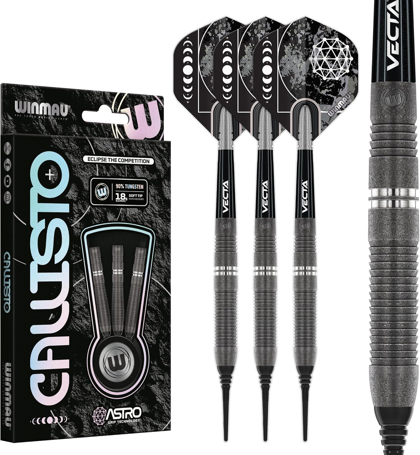 Winmau Darts Callisto Series 90% Professional Tungsten Soft Tip Darts Set with Dart Flights and Dart Shafts (Stems) - Available in 18g Weight and Three Styles