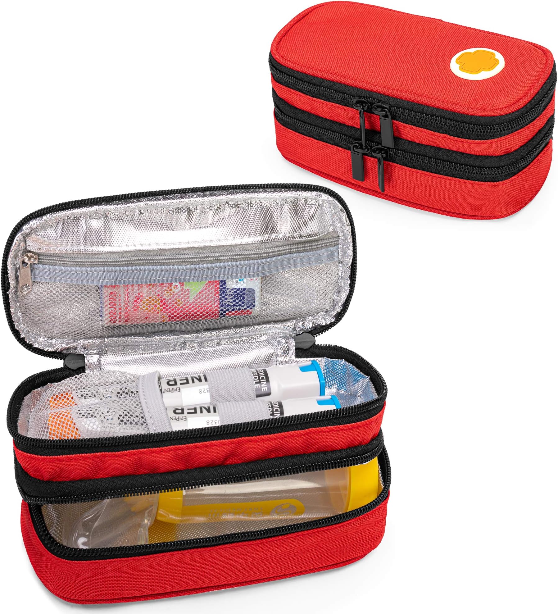 CURMIO Double Layer Insulated EpiPen Carrying Case, Portable Medicine Supplies Bag for 2 EpiPens, Auvi-Q, Syringes, Spacer, Nasal Spray, Home and Travel,Bag Only, Red (Patented Design)