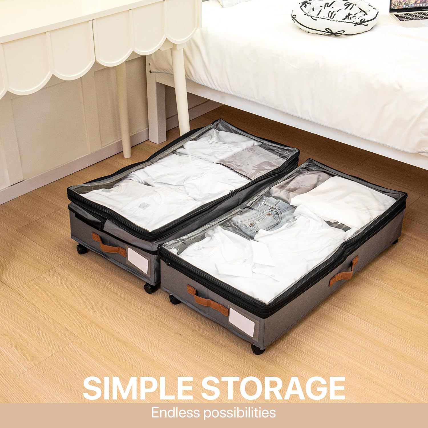 Expandable Under Bed Storage with Wheels 2 Pack – Large Under Bed and Closet Storage - Expandable Storage Bins with Lid & Dividers, Low Profile Storage Solution for Clothes, Shoes Great for Dorm Rooms