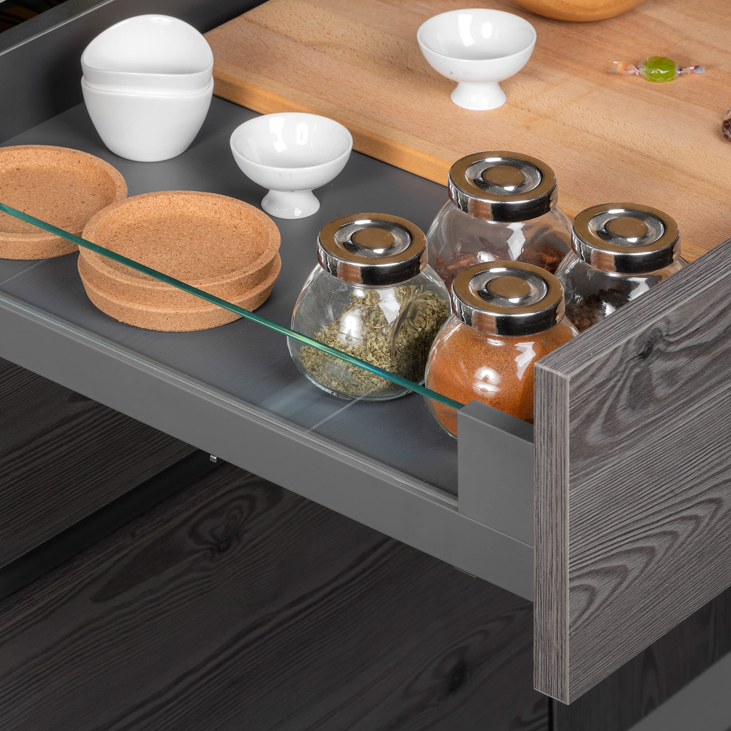 Emuca - Tiroir extérieur Vertex 40 kg hauteur 93 mm avec côtés en verre, 450 mm, Gris anthracite, Acier et Aluminium et Verre, 1 kit