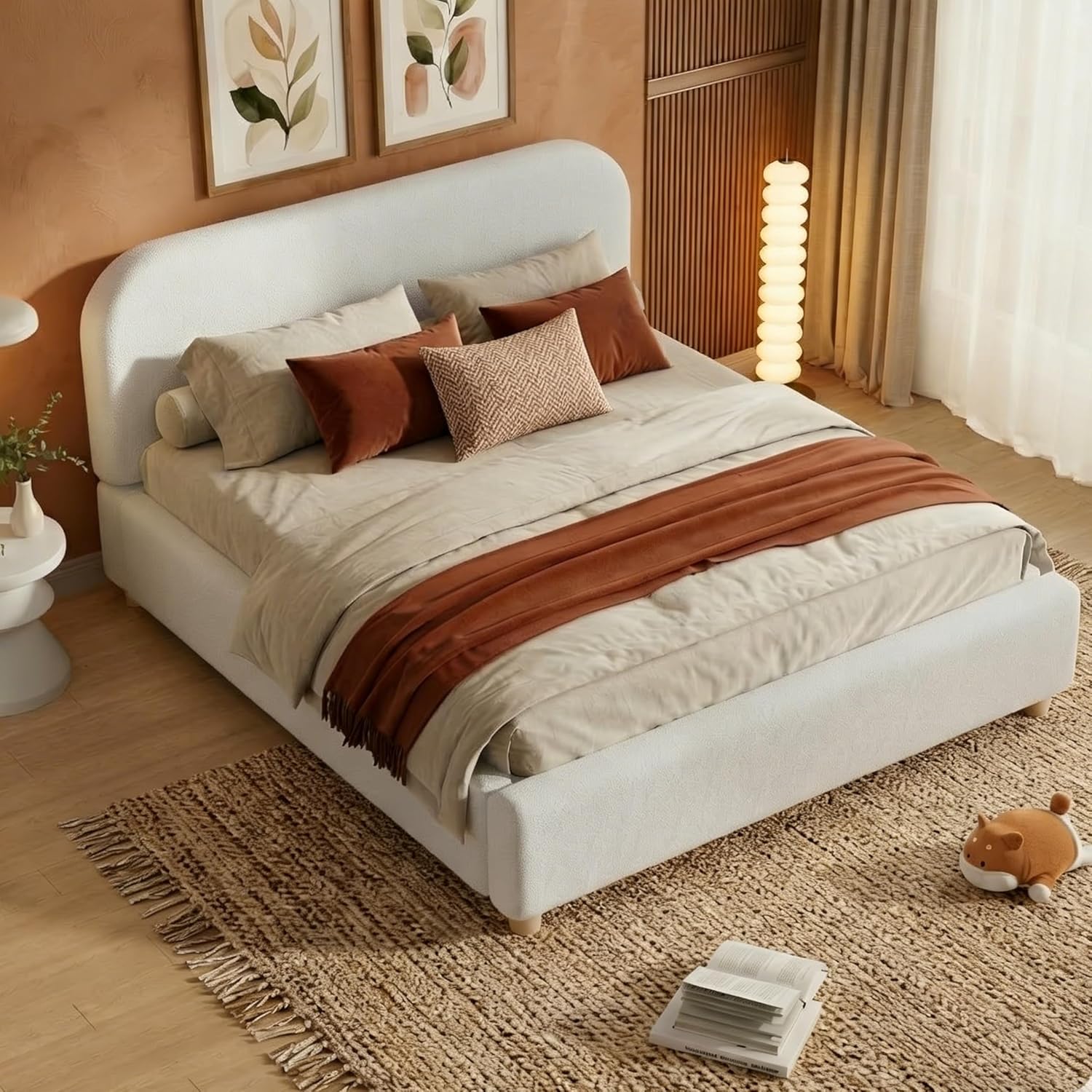 DNYN King Size Boucle Bedframe & Upholstered Cloud Platform Bed with Thick Fabric & Curve-Shaped Design for Bedroom,Apartment,Easy Assembly,87.7" L*83.25" W*35.6" H, Beige