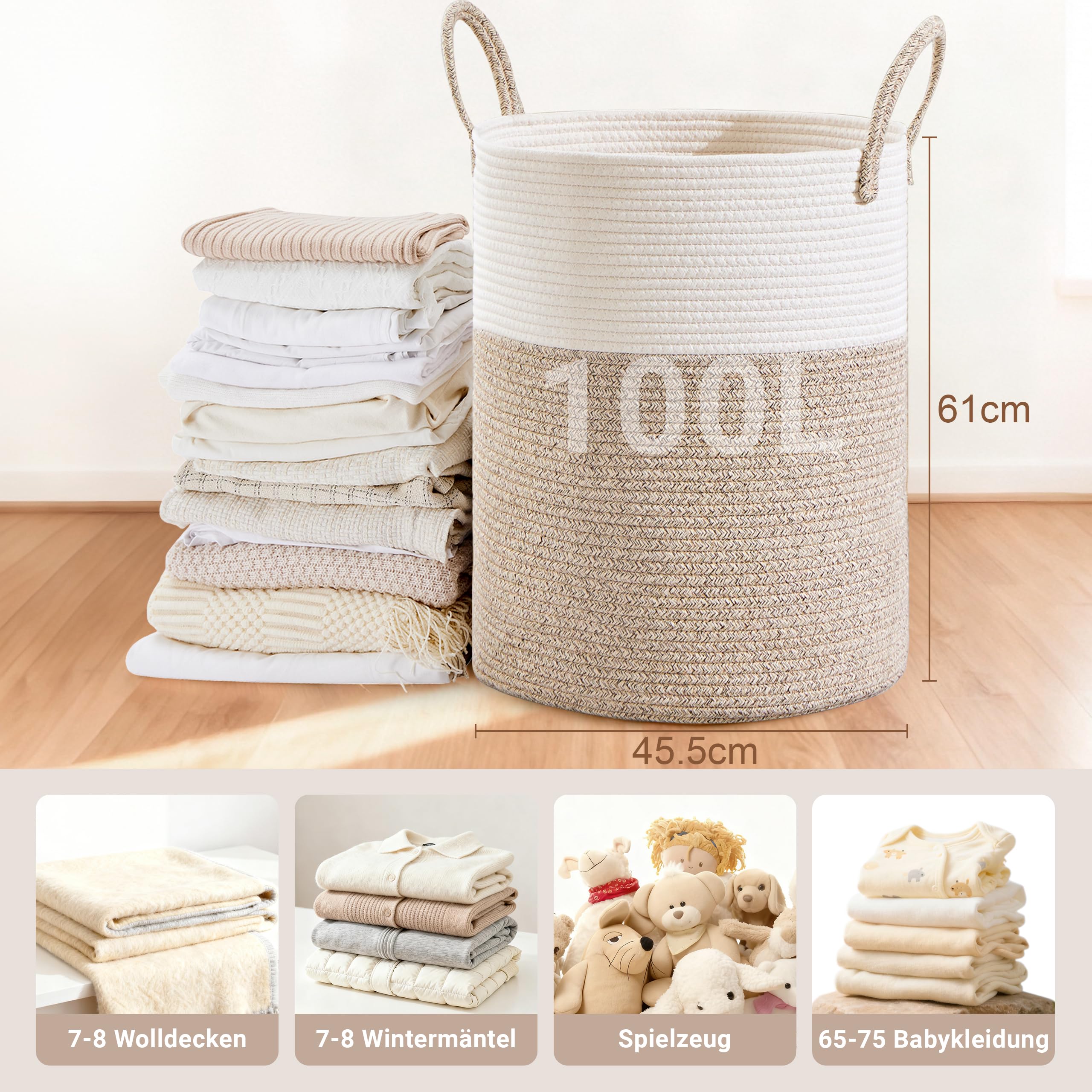Wäschekorb,Aufbewahrungskorb,Geflochten Korb,100L Groß xxl Rund Wäschesammler mit Baumwoll Henkel für Kinderzimmer,Korb für Decken und Spielzeug für Wohnzimmer oder Waschraum,Braun & Weiß