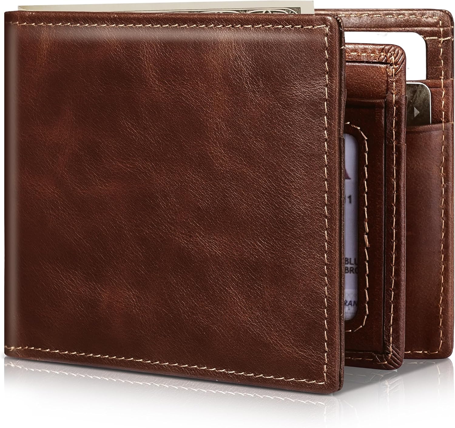 Mens Wallet Bifold Genuine Leather RFID Blocking Wallet for Men with 1 ID Windows 13 Card Holders 2 cash pockets 1 Gift Box