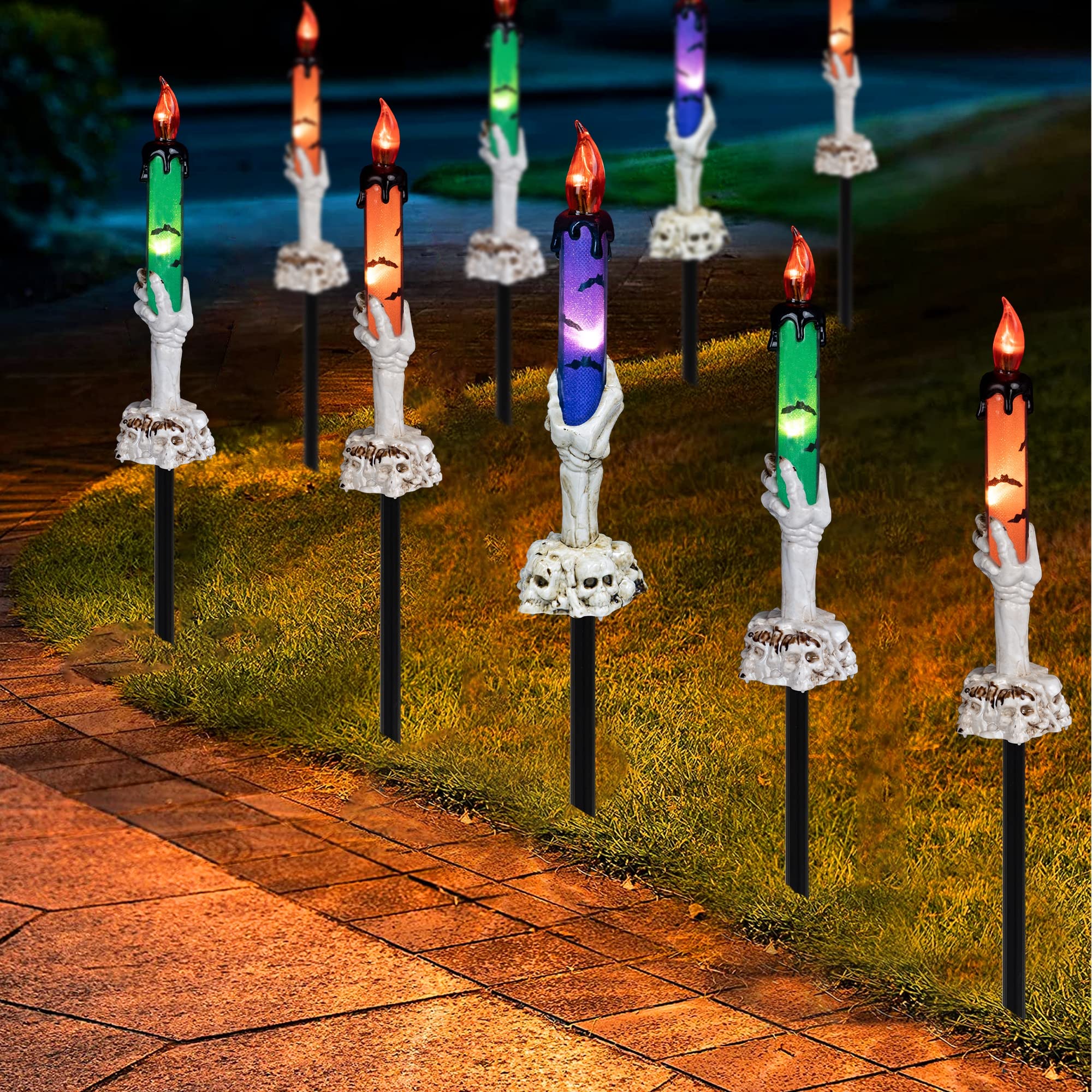 Dazzle Bright Halloween Decorations, 5 Pack Lighted Battery Operated Skeleton Hands Hold Candle with Stakes, Pathway Decor for Indoor Outdoor Party Home Garden