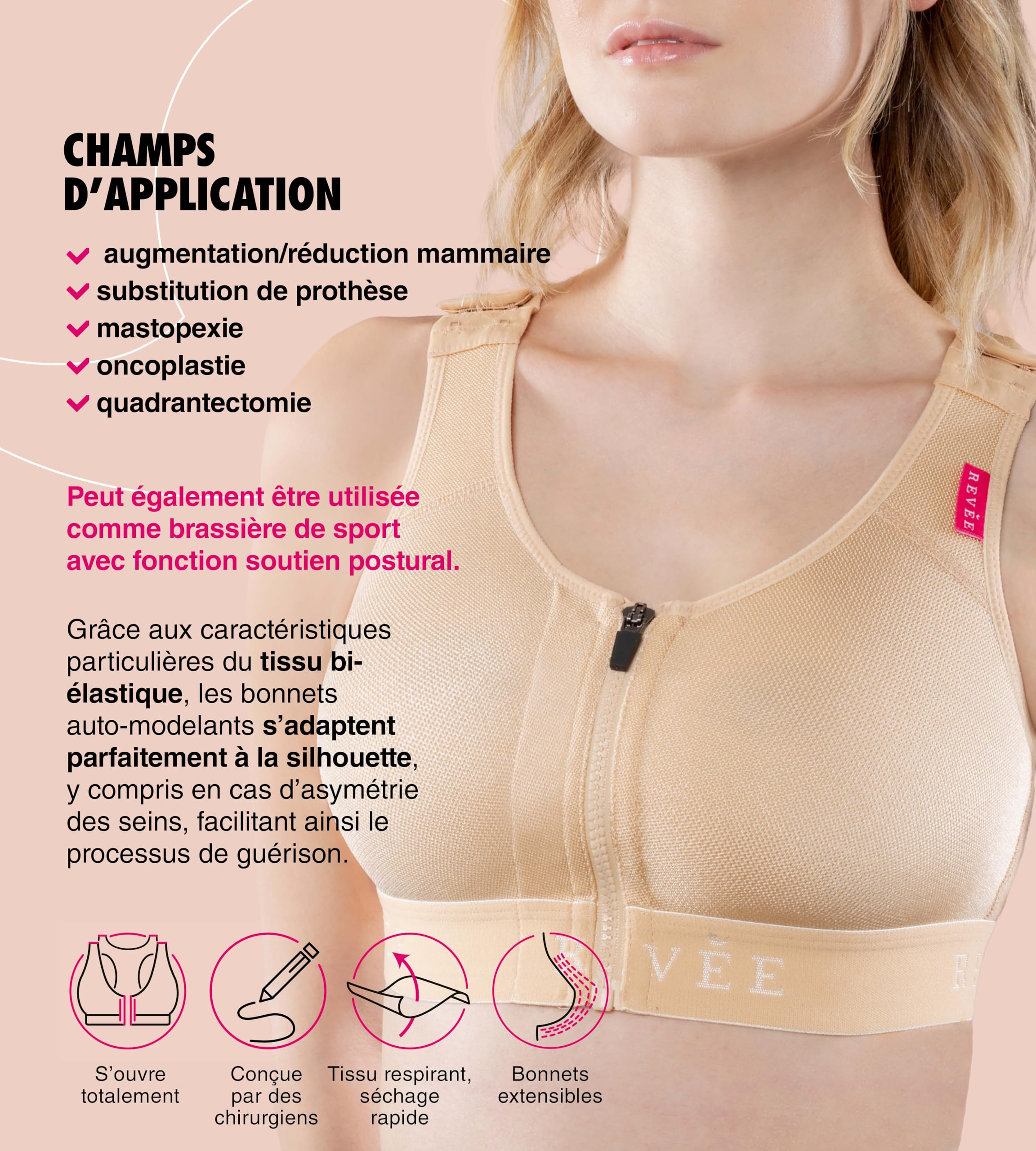 RÉVÉE Bra Elodie Brassière Post Opératoire - Soutien Gorge de Compression Postopératoire avec Ouverture Frontale, Augmentation ou Réduction Mammaire, Substitution de Prothèse, Blanc/Noir