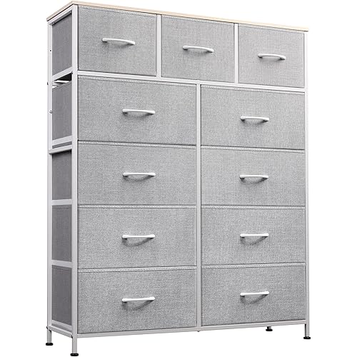 WLIVE Storage Organizer Unit with 11 Fabric Bins, Storage Drawers Organizer with Steel Frame, Tall Storage Tower Organizaton for Living Room, Hallway, Office, Light Grey