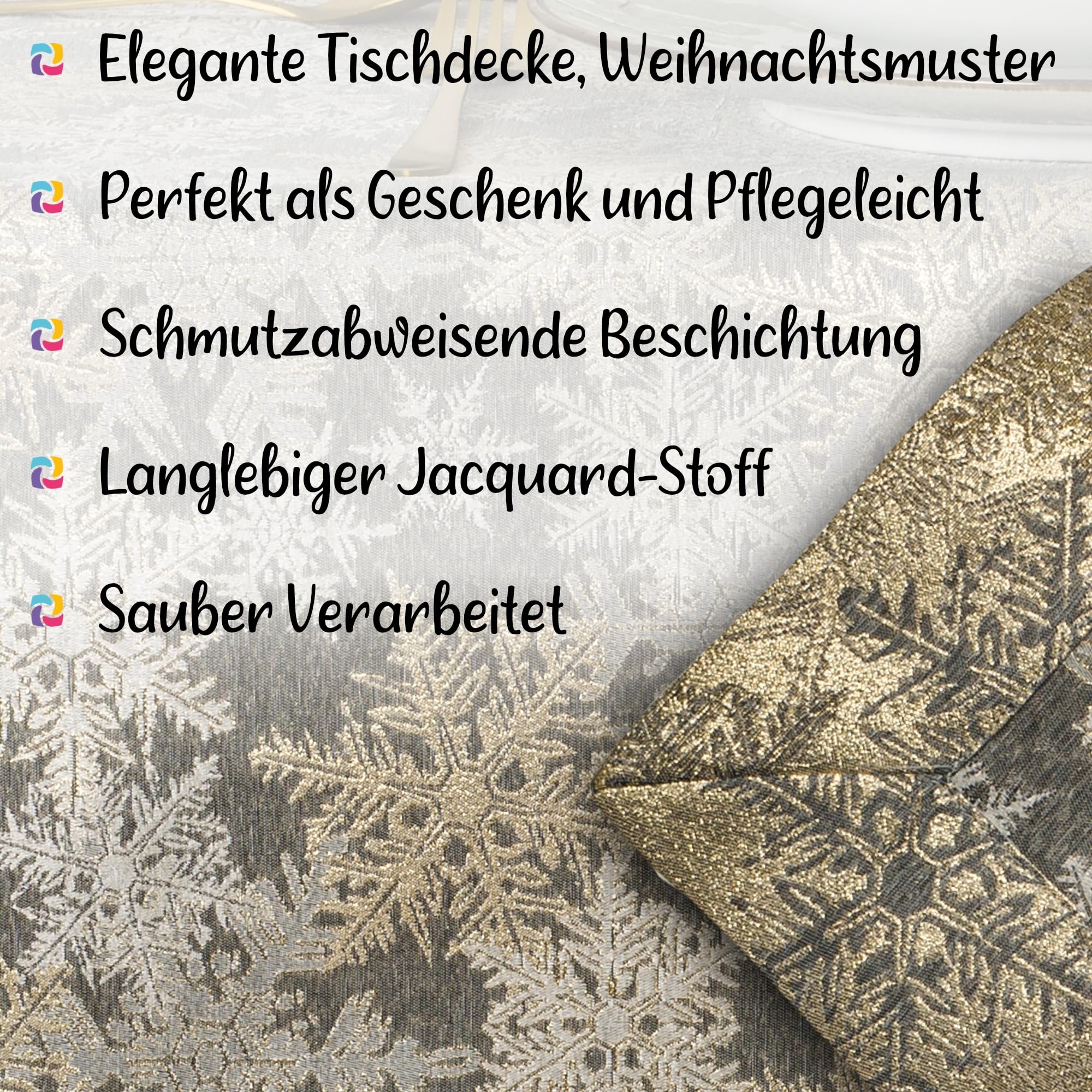 Tischdecke Weihnachten 120x160 cm - Elegante graue weihnachtliche Tischdecke mit goldenen und silbernen Schneeflocken, sauber genäht mit Kuvertsaum, schmutzabweisend - O5 5555 1002