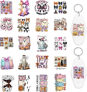 80PCS Halloween UV DTF Sticker Decals Halloween Bow UV DTF Wrap Stickers for Motel Keychain, Cute Ghost Rub on Transfers Stickers, Waterproof Cold Transfer Stickers for Hotel Keychain Blank