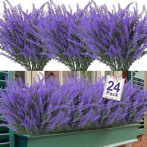 24 paquetes de flores artificiales de lavanda de plástico púrpura para exteriores, resistentes a los rayos UV, para el hogar, boda, cocina, jardín,