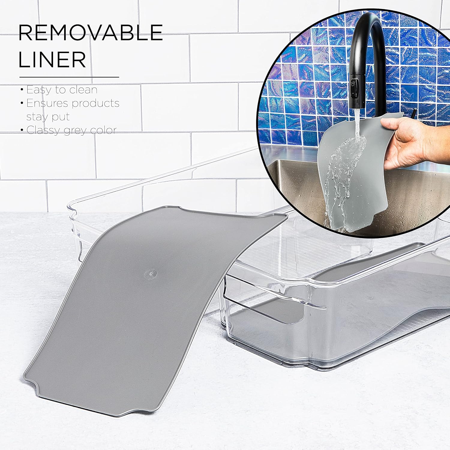 Clear Refrigerator Organizer Bins - 2 Pack Medium Sized (6" x 12.4") Clear Bins for Fridge with Liners, Containers for Fridge and Freezer, Multipurpose Storage for Kitchen, Office, Bathroom (Grey)
