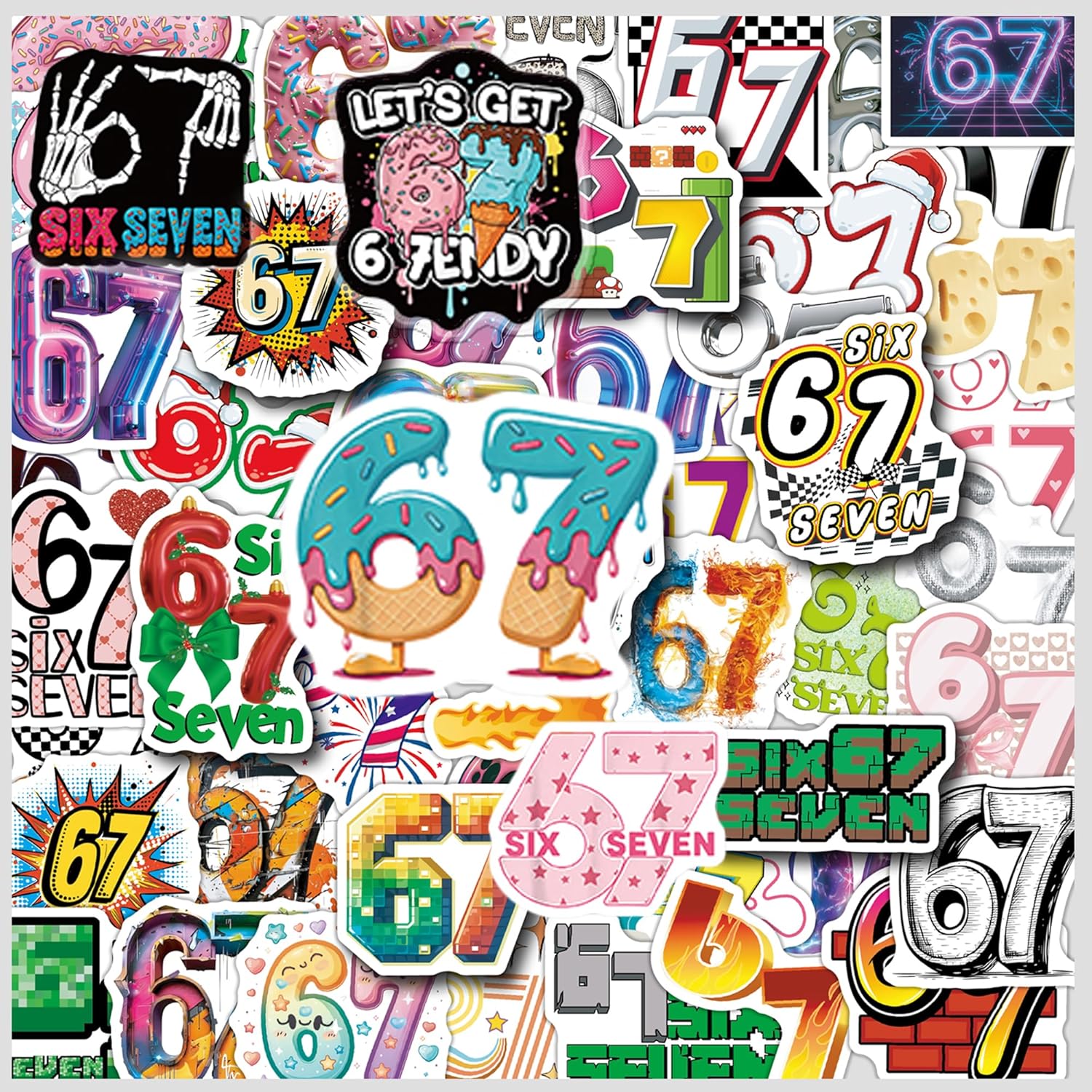 100Pcs Six Seven Stickers Pack Waterproof Vinyl Decals 67 Stickers for Laptop Skateboard Phone Guitar Travel Case Bike, Cartoon Style for Teenagers and Adults (c)