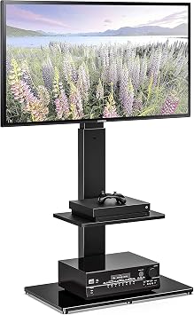 FITUEYES Swivel Floor TV Stand with Mount for TVs 37 43 50 55 60 65 70 75 Inch LCD LED Flat/Curved Screens Universal Swivel Televisions TV Mount Stand for Bedroom Living Room Black Tempered Glass Base